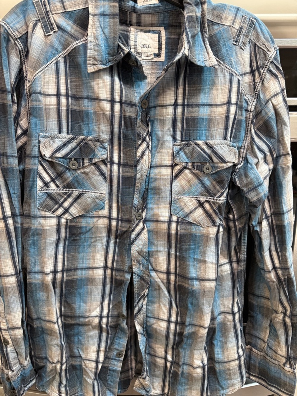 BKE Men’s Blue and Gray Plaid Button-Down Shirt